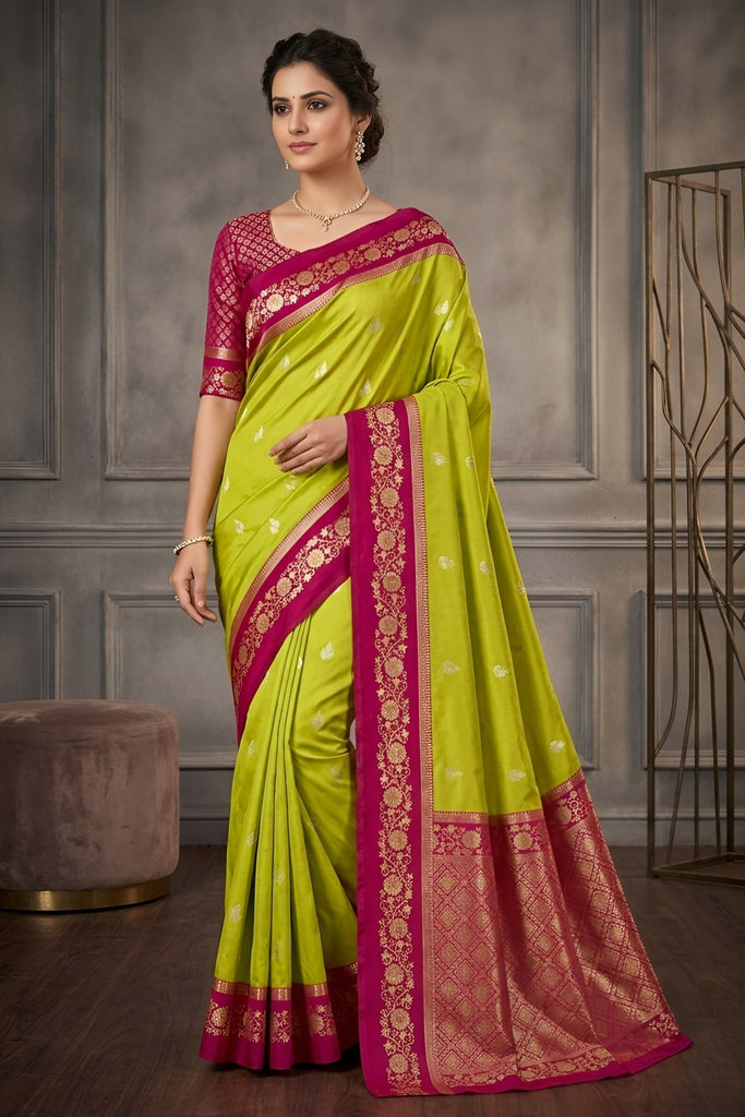 Stylish Lime Green Banarasi Silk Woven Saree Meenakari Motif for Women