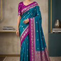 Stunning Teal Blue Banarasi Silk Woven Saree Meenakari Motif for Women