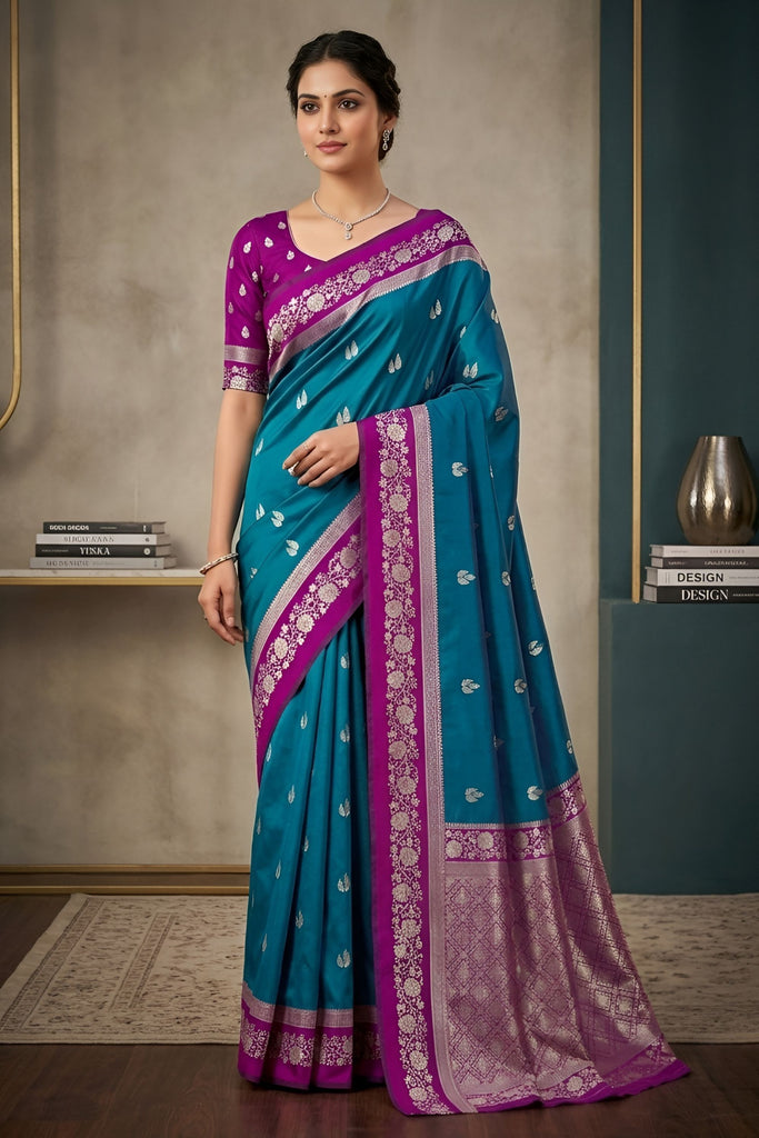 Stunning Teal Blue Banarasi Silk Woven Saree Meenakari Motif for Women