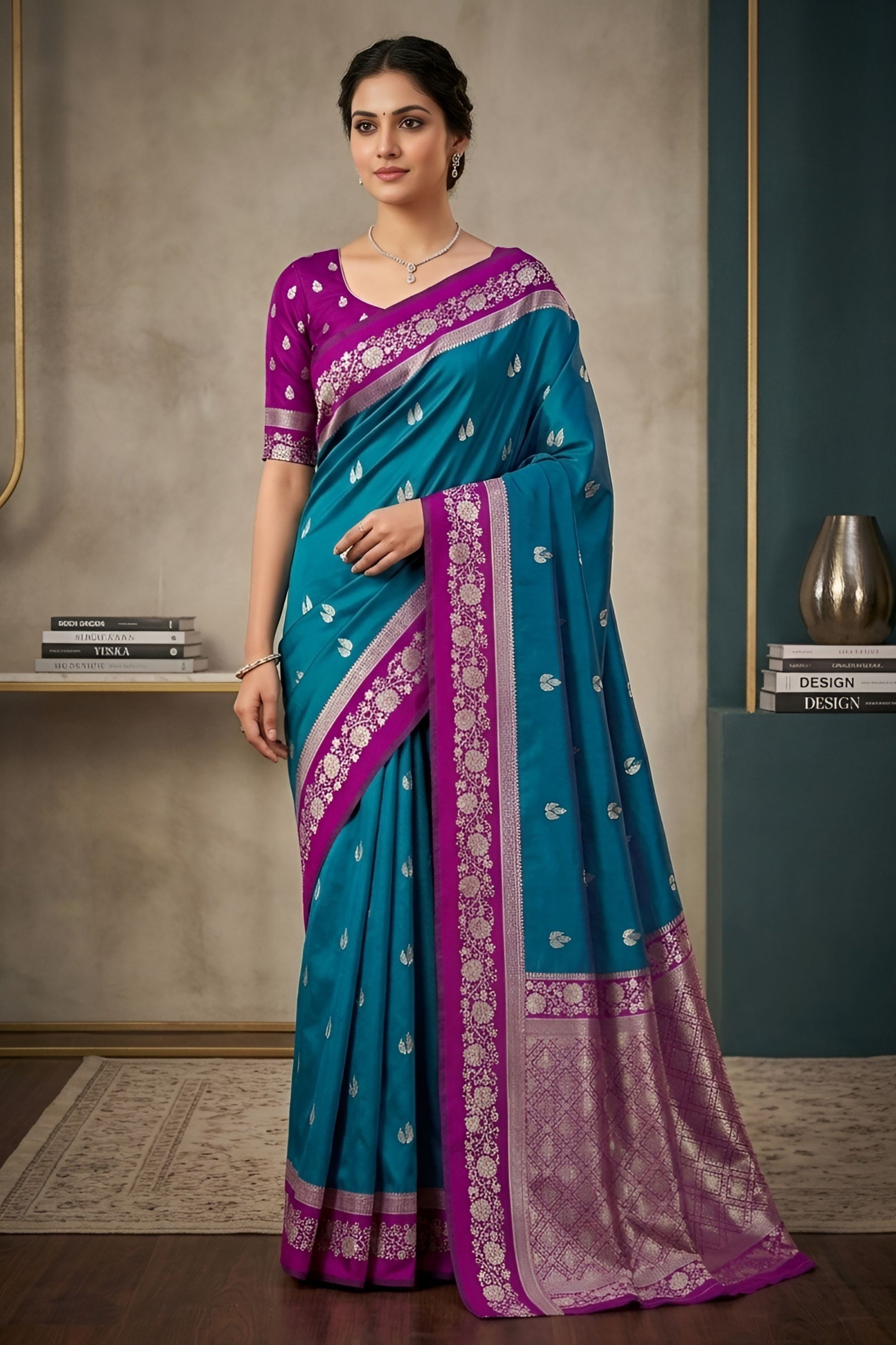 Stunning Teal Blue Banarasi Silk Woven Saree Meenakari Motif for Women