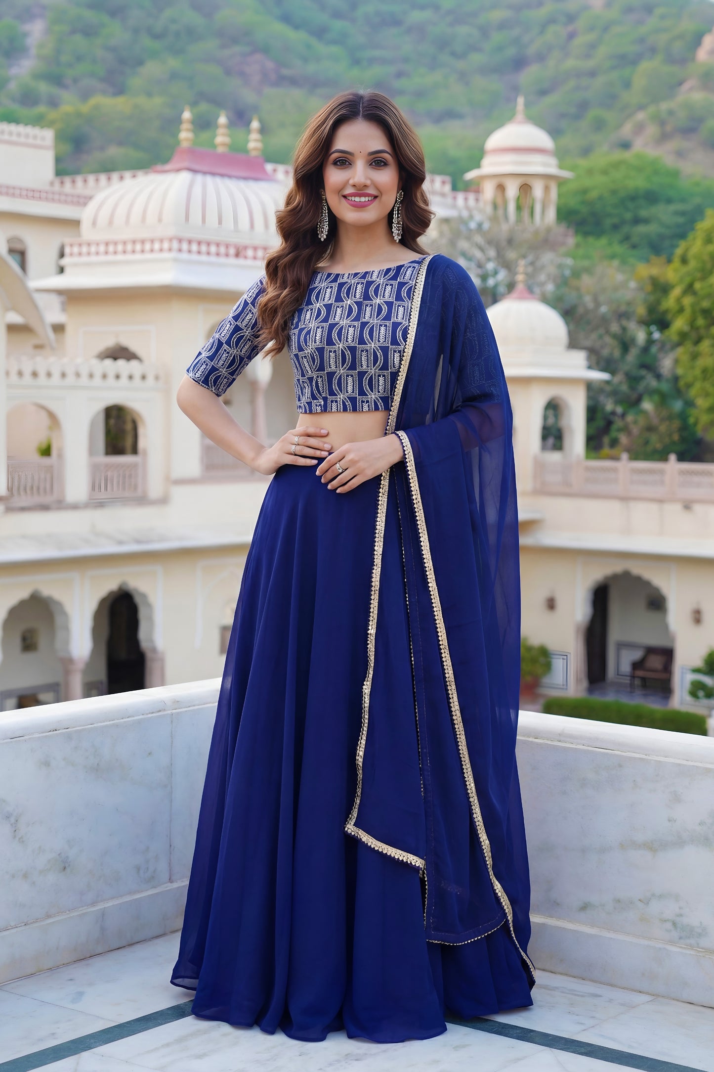Stunning Navy Blue Georgette Designer Lehenga Choli Set with Embroidered Blouse and Matching Dupatta