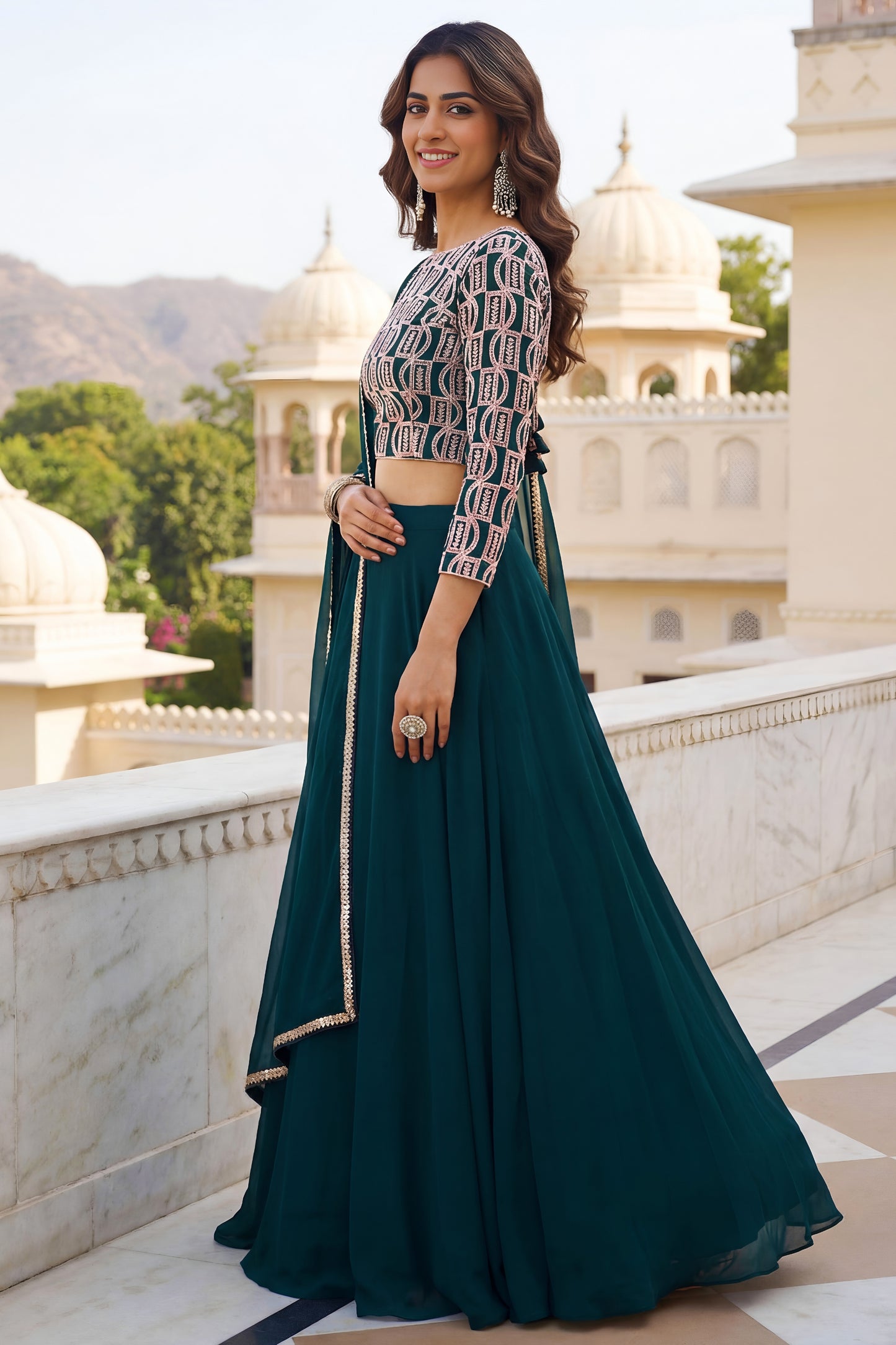 Gorgeous Rama Green Georgette Designer Lehenga Choli Set with Embroidered Blouse and Matching Dupatta