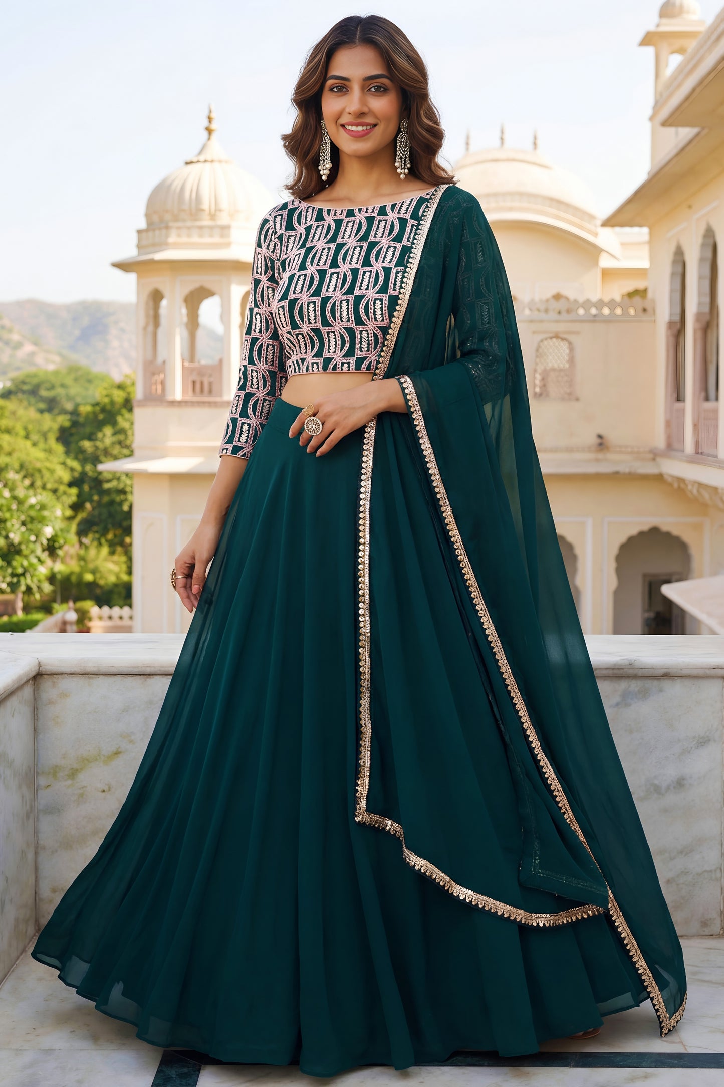 Gorgeous Rama Green Georgette Designer Lehenga Choli Set with Embroidered Blouse and Matching Dupatta