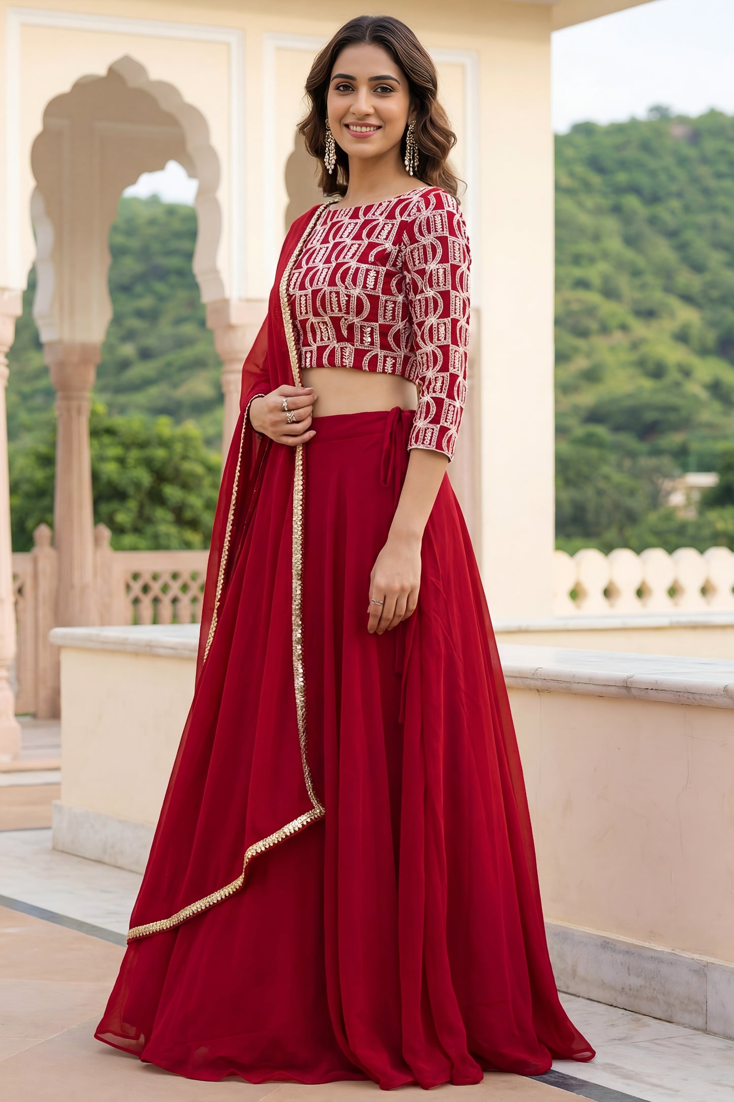 Superb Red Georgette Designer Lehenga Choli Set with Embroidered Blouse and Matching Dupatta