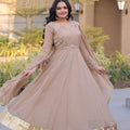 Elegant Beige Crunchy Silk Designer Gown with Mirror Lace Work and Golden Border for Wedding
