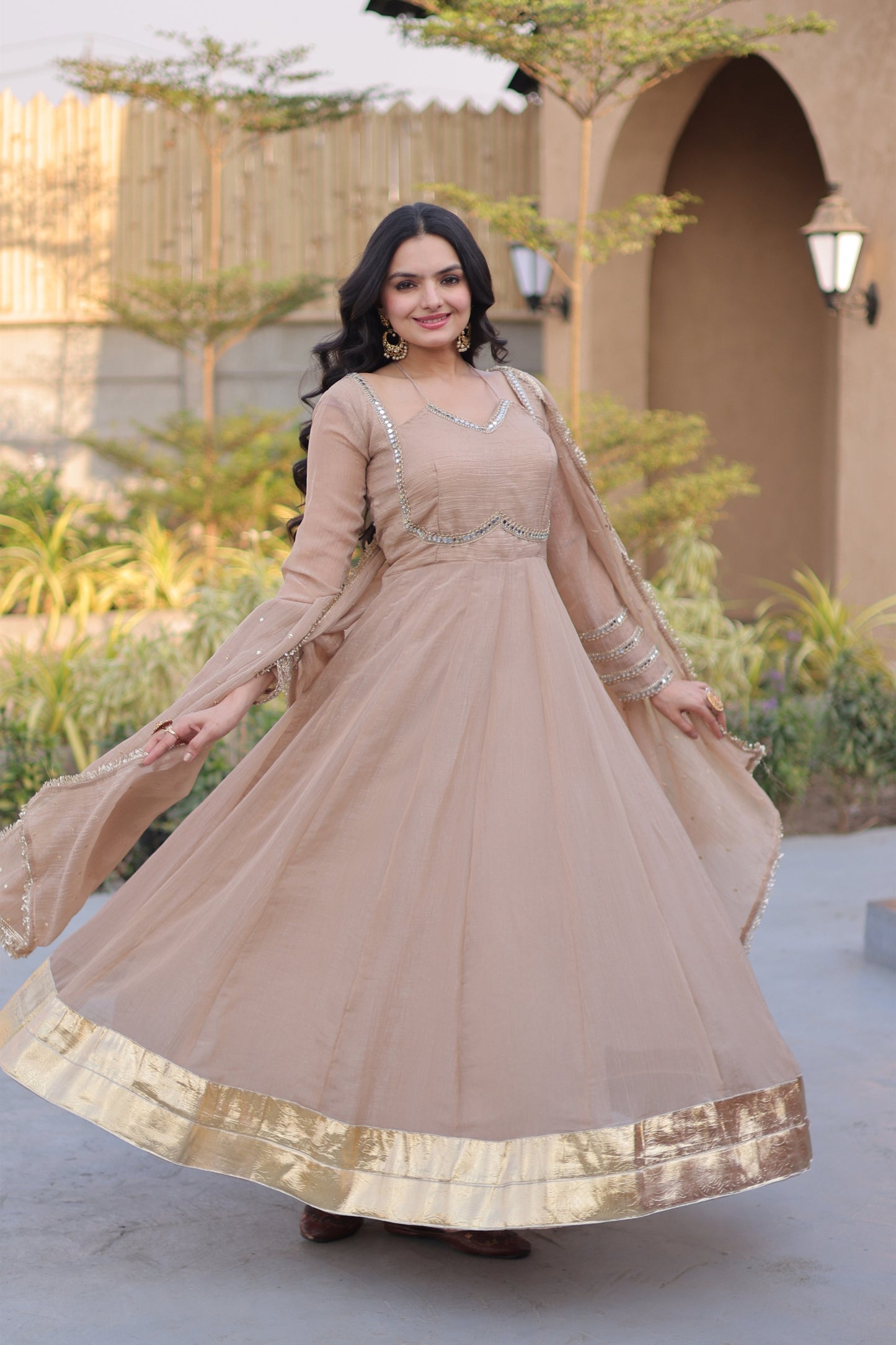 Elegant Beige Crunchy Silk Designer Gown with Mirror Lace Work and Golden Border for Wedding