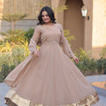 Elegant Beige Crunchy Silk Designer Gown with Mirror Lace Work and Golden Border for Wedding