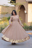 Elegant Beige Crunchy Silk Designer Gown with Mirror Lace Work and Golden Border for Wedding