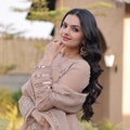 Elegant Beige Crunchy Silk Designer Gown with Mirror Lace Work and Golden Border for Wedding