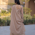 Elegant Beige Crunchy Silk Designer Gown with Mirror Lace Work and Golden Border for Wedding