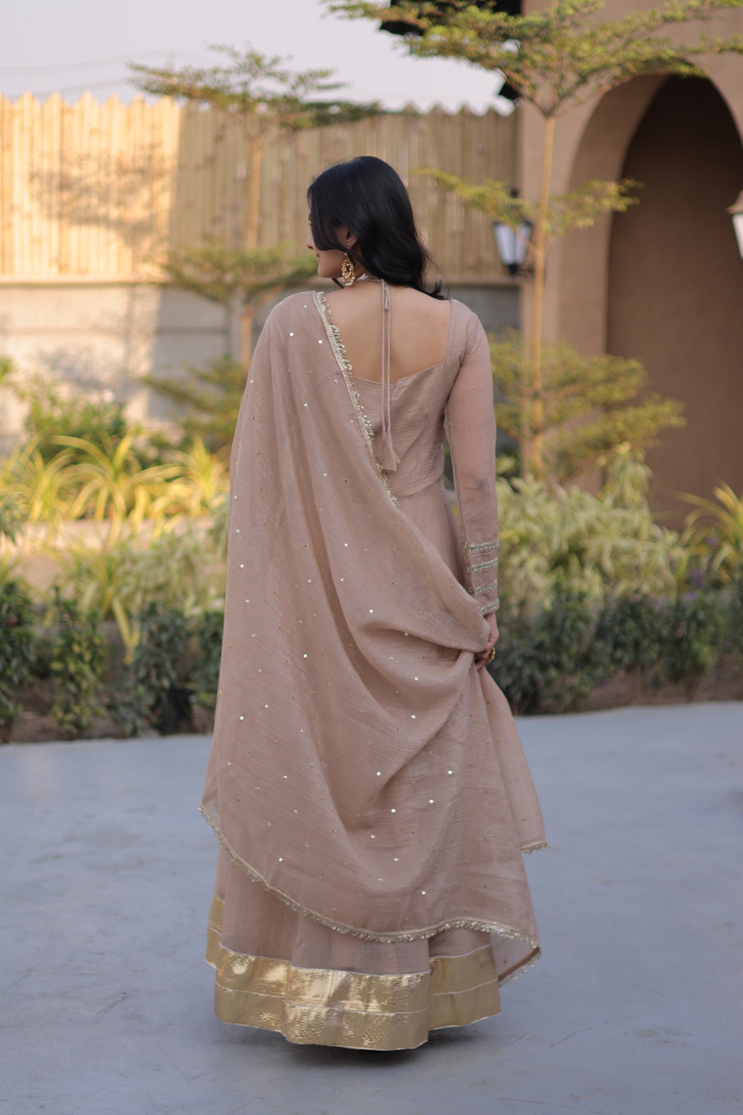 Elegant Beige Crunchy Silk Designer Gown with Mirror Lace Work and Golden Border for Wedding
