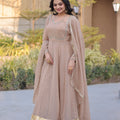 Elegant Beige Crunchy Silk Designer Gown with Mirror Lace Work and Golden Border for Wedding