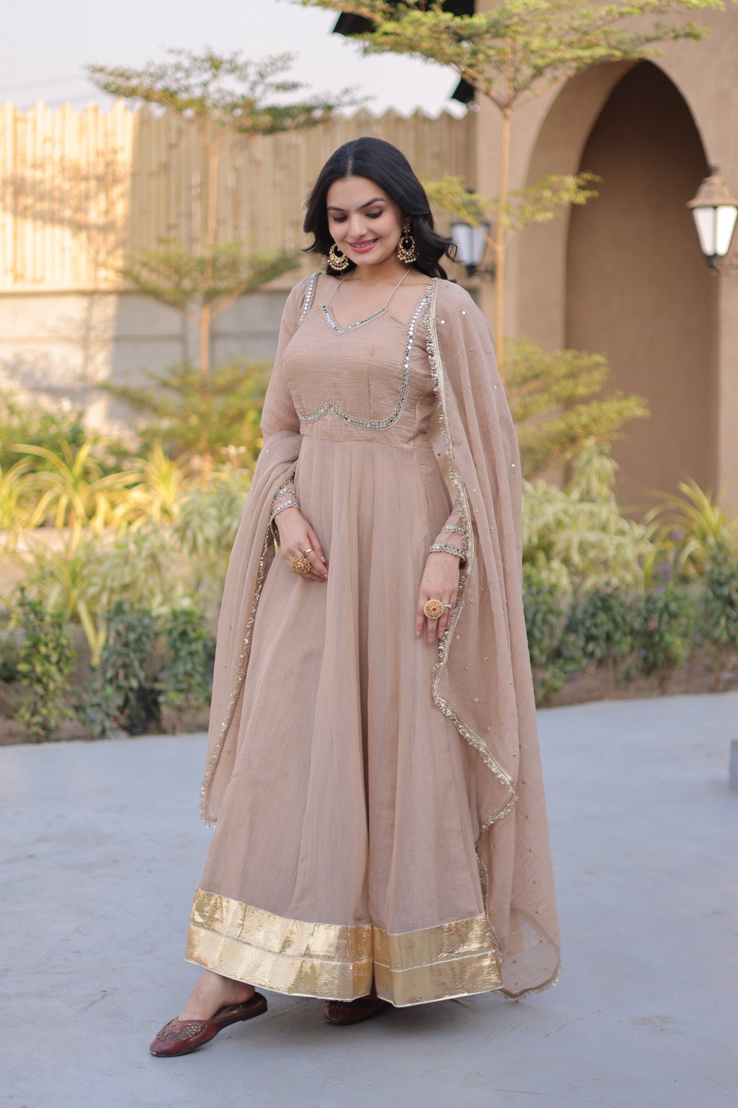 Elegant Beige Crunchy Silk Designer Gown with Mirror Lace Work and Golden Border for Wedding