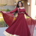 Stylish Wine Crunchy Silk Designer Gown with Mirror Lace Work and Golden Border with Dupatta