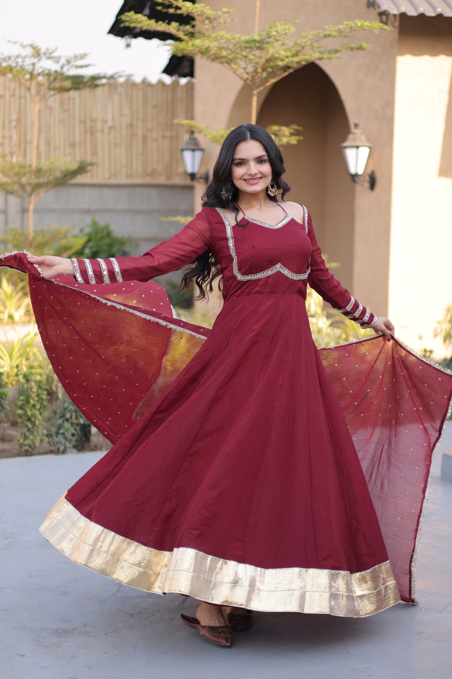 Stylish Wine Crunchy Silk Designer Gown with Mirror Lace Work and Golden Border with Dupatta