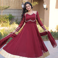 Stylish Wine Crunchy Silk Designer Gown with Mirror Lace Work and Golden Border with Dupatta