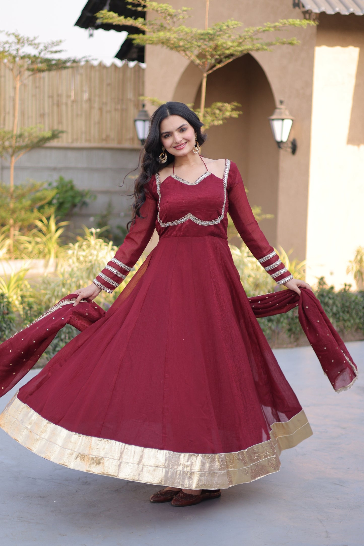 Stylish Wine Crunchy Silk Designer Gown with Mirror Lace Work and Golden Border with Dupatta