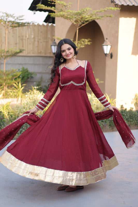 Stylish Wine Crunchy Silk Designer Gown with Mirror Lace Work and Golden Border with Dupatta