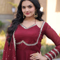 Stylish Wine Crunchy Silk Designer Gown with Mirror Lace Work and Golden Border with Dupatta