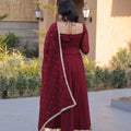 Stylish Wine Crunchy Silk Designer Gown with Mirror Lace Work and Golden Border with Dupatta