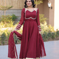 Stylish Wine Crunchy Silk Designer Gown with Mirror Lace Work and Golden Border with Dupatta