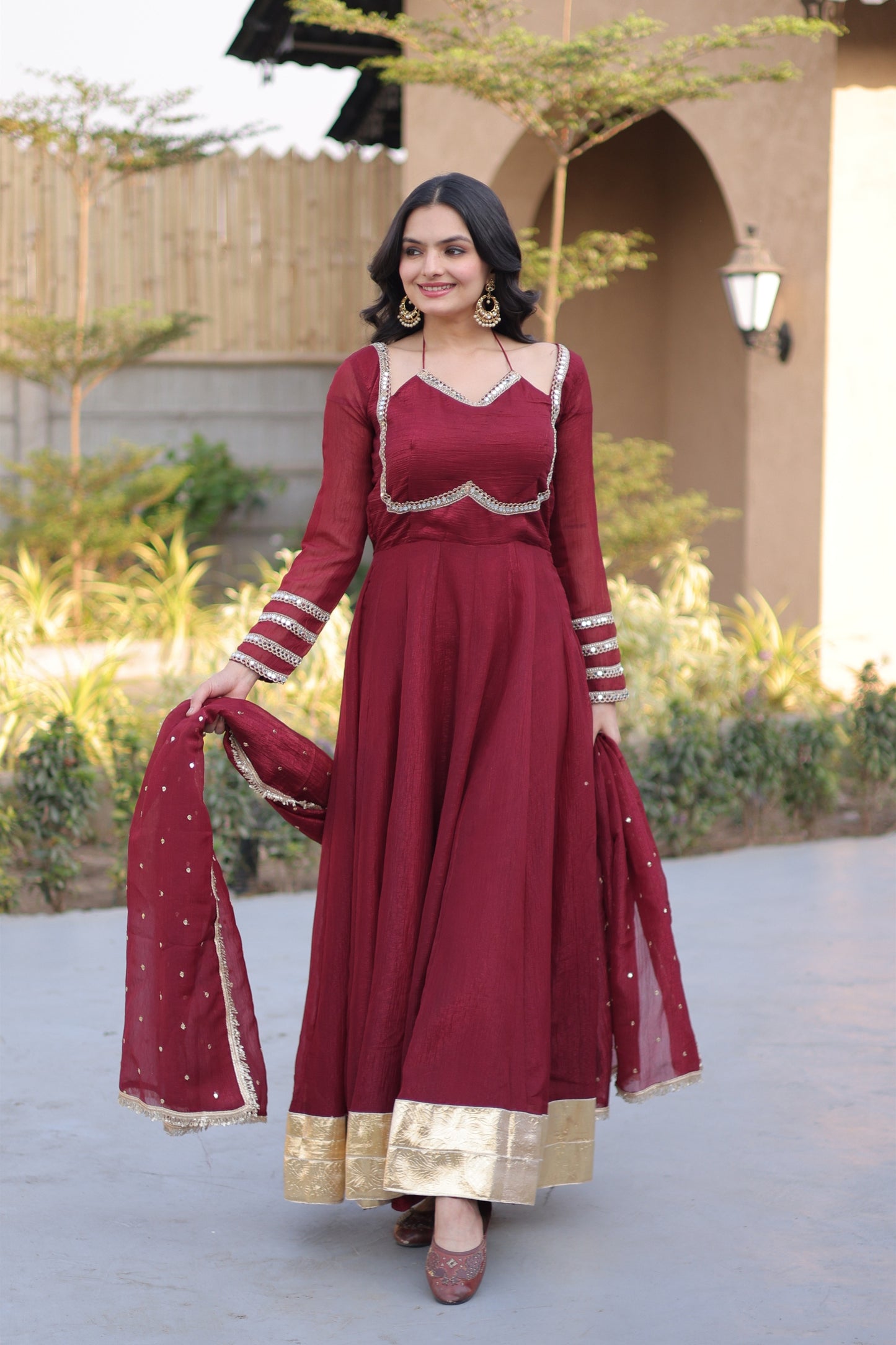 Stylish Wine Crunchy Silk Designer Gown with Mirror Lace Work and Golden Border with Dupatta