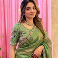 Elegant Olive Green Fendy Satin Silk Saree Sequin Embroidery Work for Women
