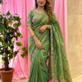 Elegant Olive Green Fendy Satin Silk Saree Sequin Embroidery Work for Women