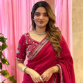 Beautiful Rani Pink Fendy Satin Silk Saree Embroidery Work  for Women