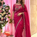 Beautiful Rani Pink Fendy Satin Silk Saree Embroidery Work  for Women