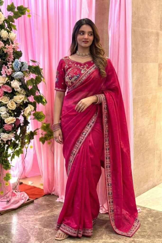 Beautiful Rani Pink Fendy Satin Silk Saree Embroidery Work  for Women