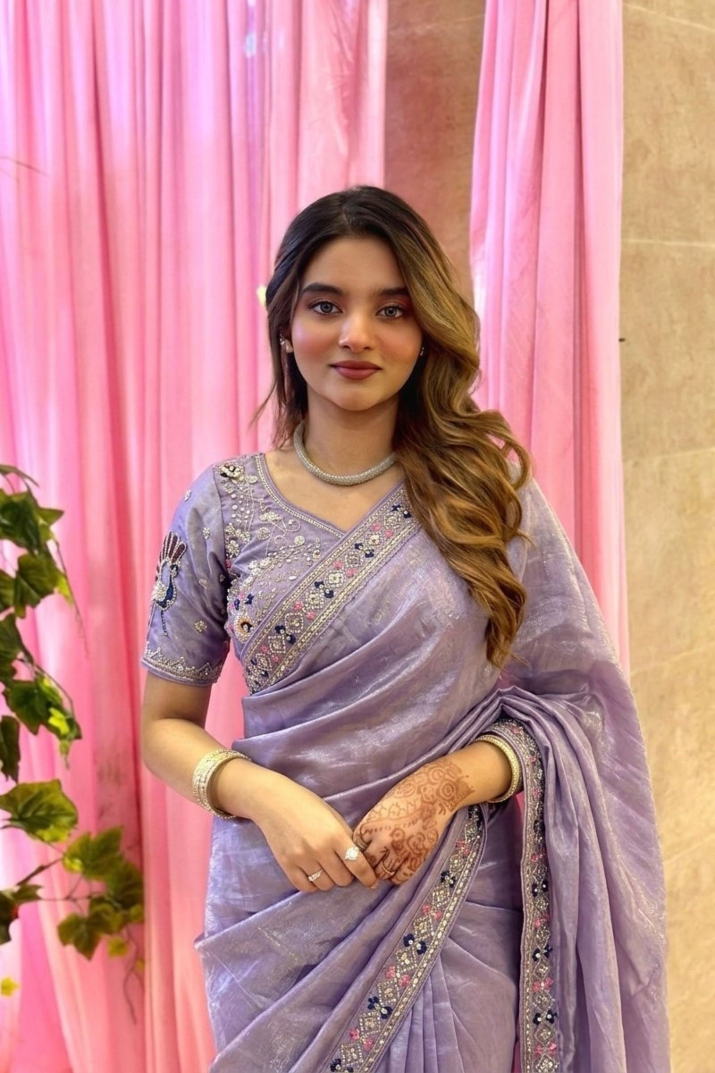 Stylish Lavender Fendy Satin Silk Saree Sequin Embroidery Work for Women