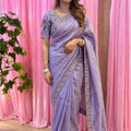 Stylish Lavender Fendy Satin Silk Saree Sequin Embroidery Work for Women