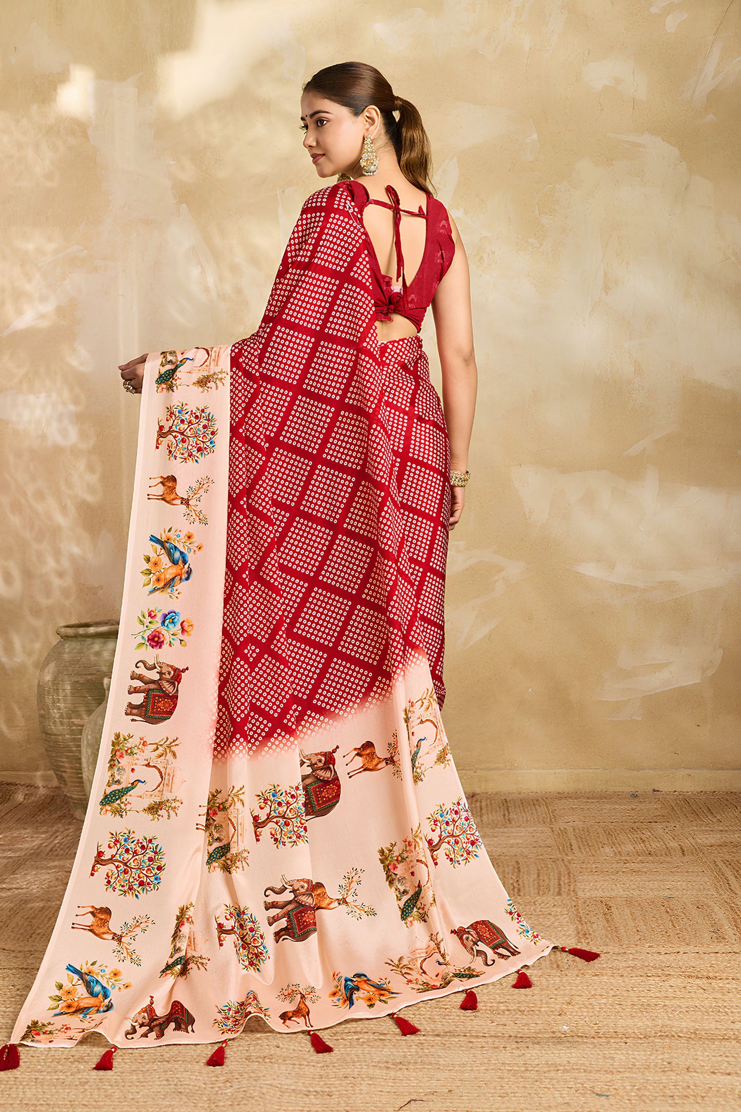 Beautiful Red Chinon Silk Mirror Work Designer Saree for Women