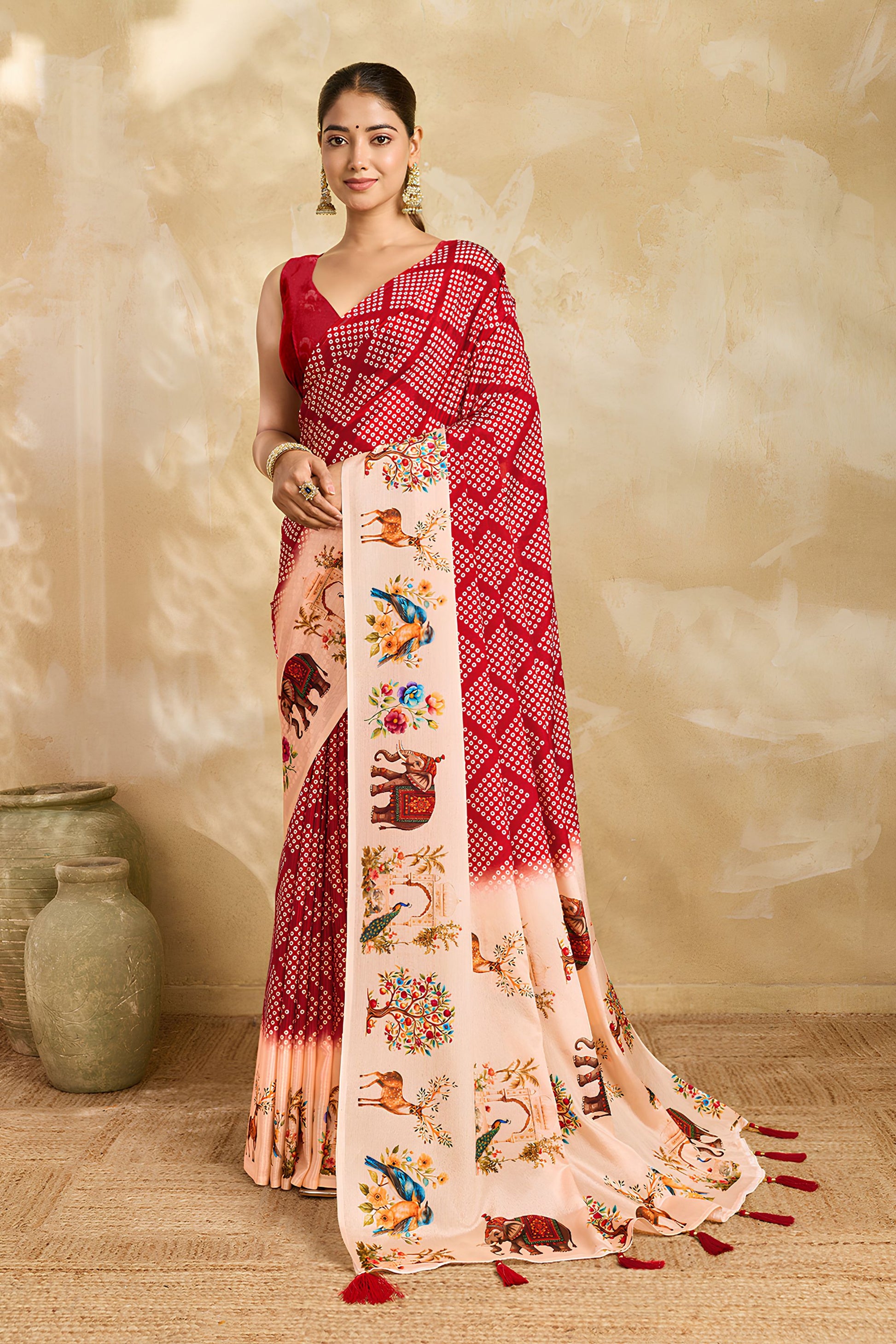 Beautiful Red Chinon Silk Mirror Work Designer Saree for Women