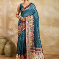 Royal Teal Blue Cotton Silk Saree Rich Woven Zari Motifs Pallu for Women