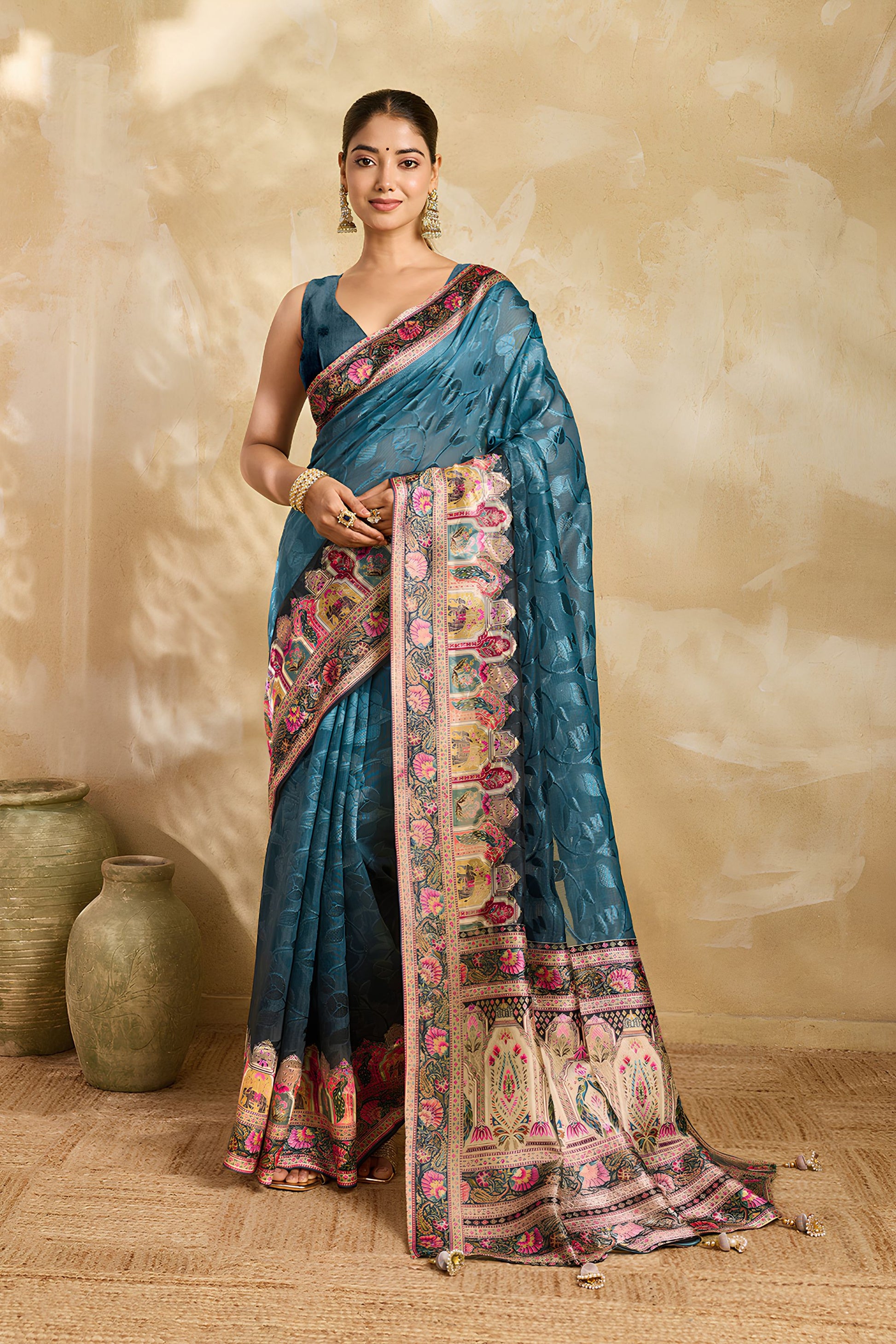 Royal Teal Blue Cotton Silk Saree Rich Woven Zari Motifs Pallu for Women