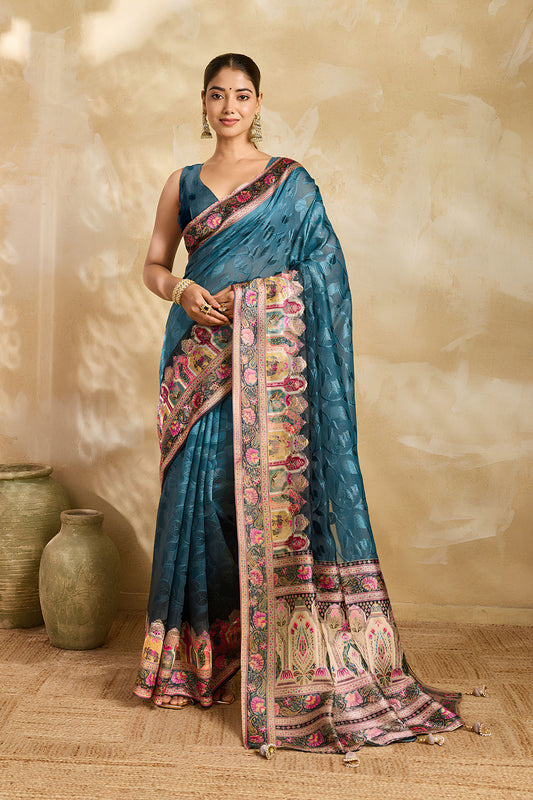 Royal Teal Blue Cotton Silk Saree Rich Woven Zari Motifs Pallu for Women