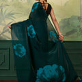 Elegant Teal Green Satin Silk Digital Printed Saree Matching Blouse for Women