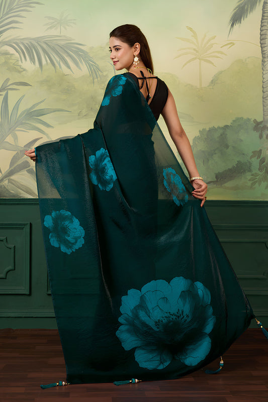 Elegant Teal Green Satin Silk Digital Printed Saree Matching Blouse for Women