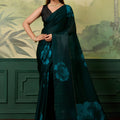Elegant Teal Green Satin Silk Digital Printed Saree Matching Blouse for Women