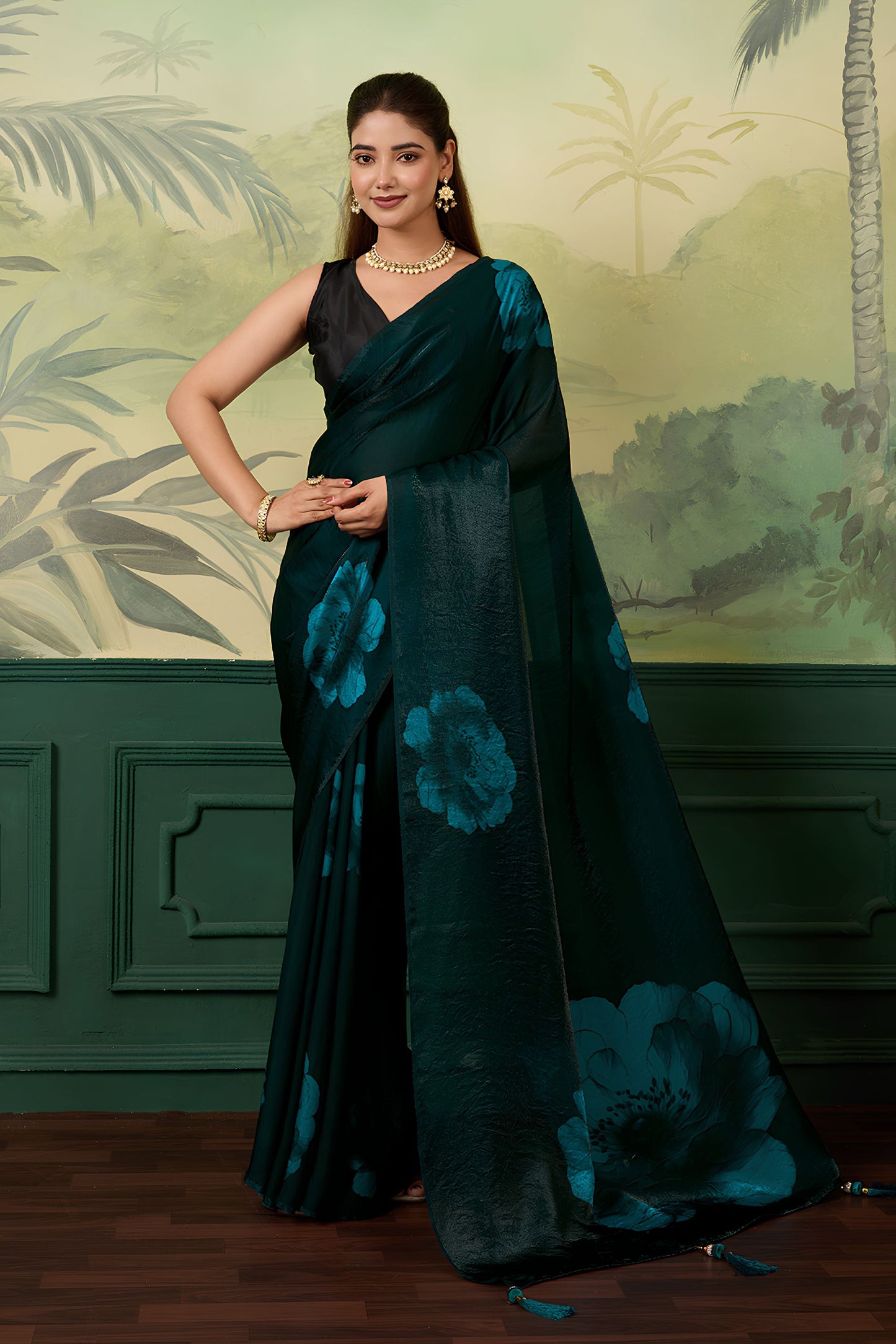 Elegant Teal Green Satin Silk Digital Printed Saree Matching Blouse for Women