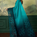 Stylish Teal Blue Satin Silk Digital Printed Saree Floral Design for Women