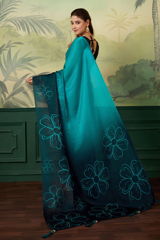 Stylish Teal Blue Satin Silk Digital Printed Saree Floral Design for Women