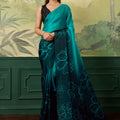 Royal Teal Blue Satin Silk Digital Printed Saree Floral Design for Women