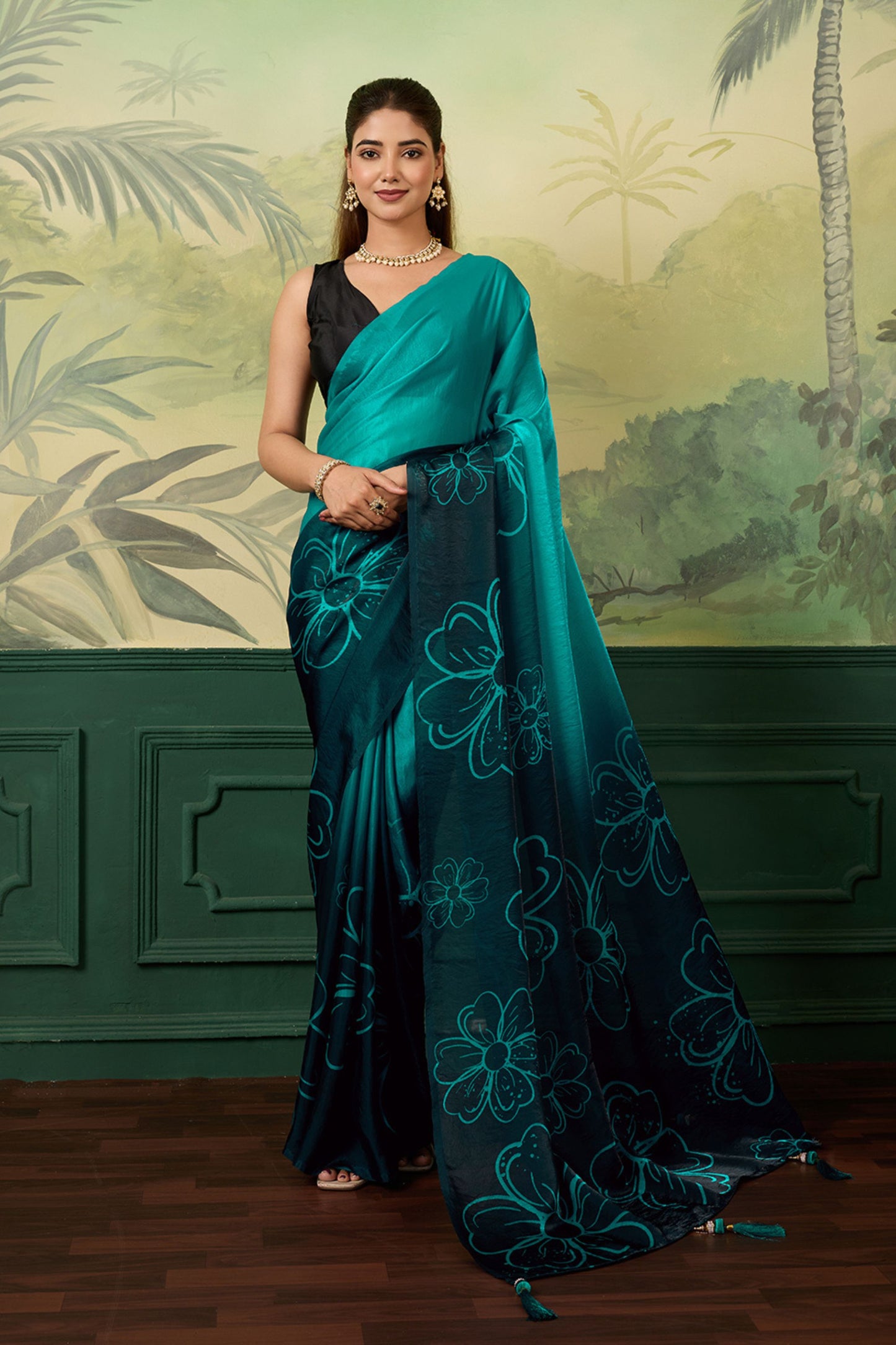 Royal Teal Blue Satin Silk Digital Printed Saree Floral Design for Women