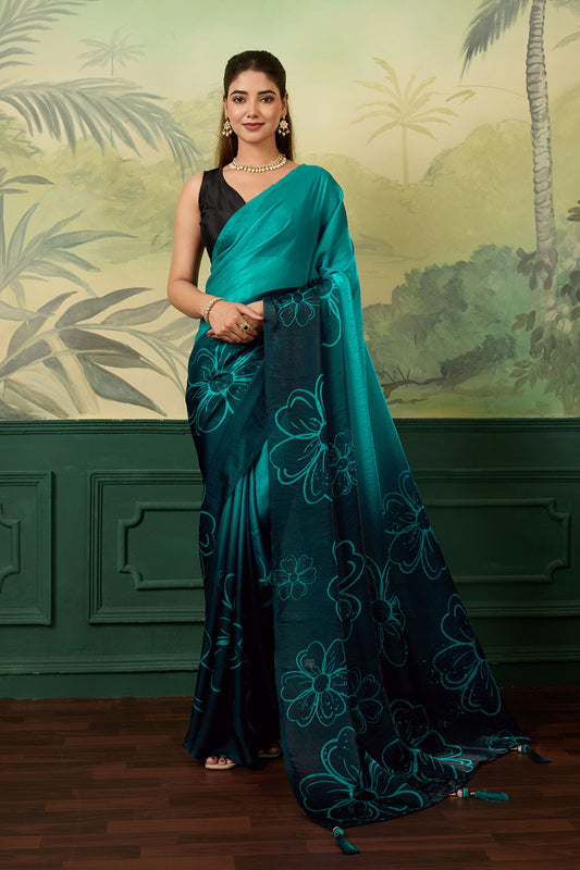 Royal Teal Blue Satin Silk Digital Printed Saree Floral Design for Women