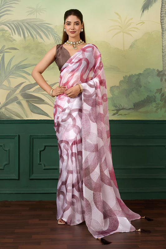 Vibrant Pink Satin Silk Digital Printed Saree with Printed Pallu for Women