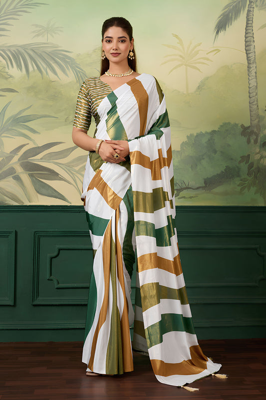 Graceful Green Crepe Silk Zari Weaving Digital Printed Saree for Women