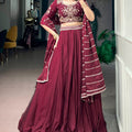 Stunning Wine Maroon Rangoli Crush Embroidered Designer Lehenga Choli Set with Dupatta